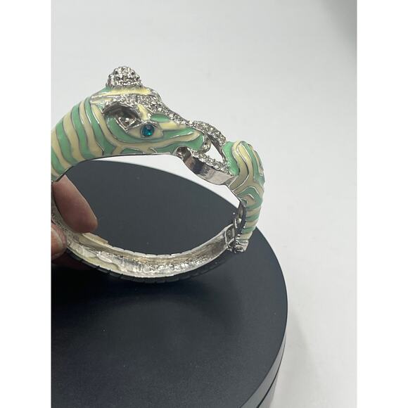 Mint and Cream Zebra with Stripes Hinged Rhinestone Blue Eyes Bangle Bracelet - Picture 2 of 12